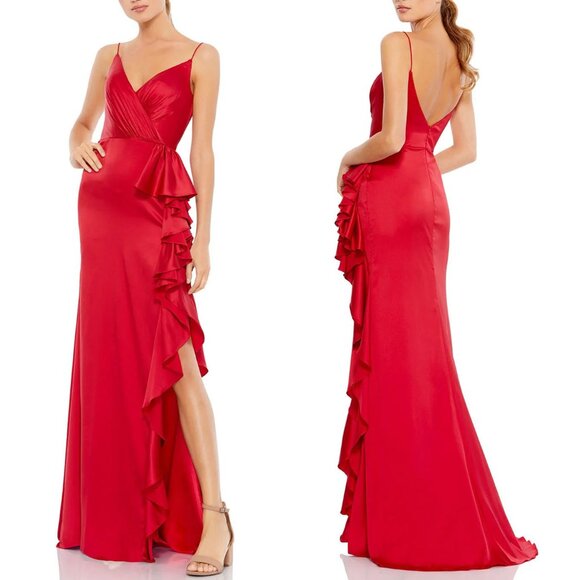 Mac Duggal Red Satin Ruffle Asymmetric Gown Maxi Dress Cocktail Party 67815 $338 - Picture 1 of 16